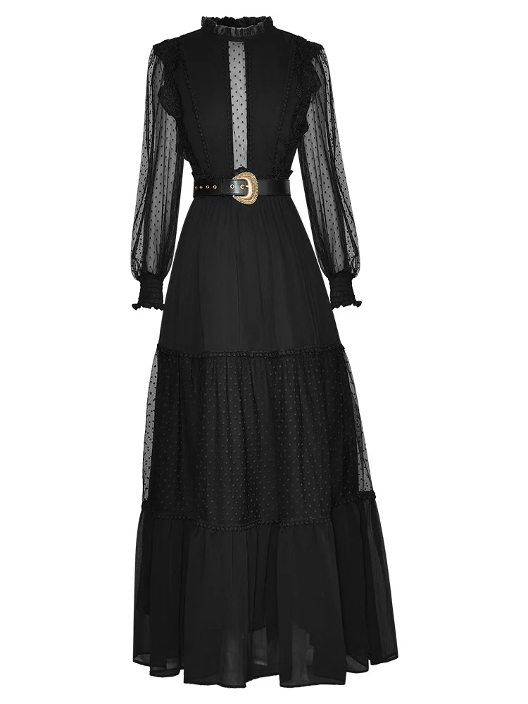 2023 New Fashion Runway Summer Women Long Sleeve Mesh Polka Dot Lace Sashes Balck Party MaxiDresses