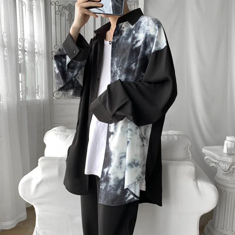 

Summer Ice Silk Men's Fashion Print Casual s Mens Streetwear Society Men Dress Wild Loose Long-sleeved Shirt