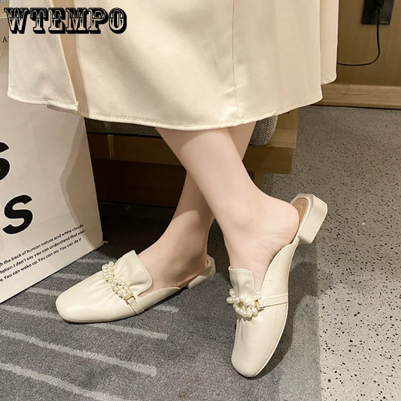 WTEMPO Leather Sandals Summer Women Casual Slippers Fashion Wear Single Shoes Girl Pearl Square Heel Half Slippers Wholesale