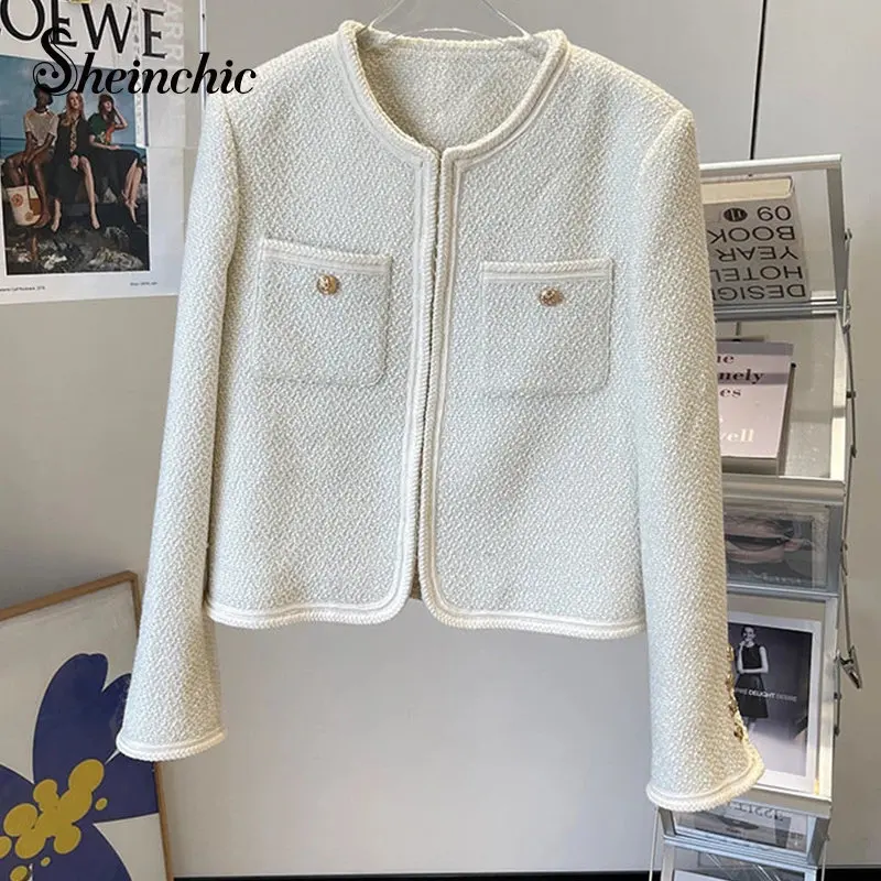 

Женское шерстяное пальто, элегантная белая твидовая куртка с круглым вырезом в Корейском стиле, верхняя одежда, осень-зима 2023