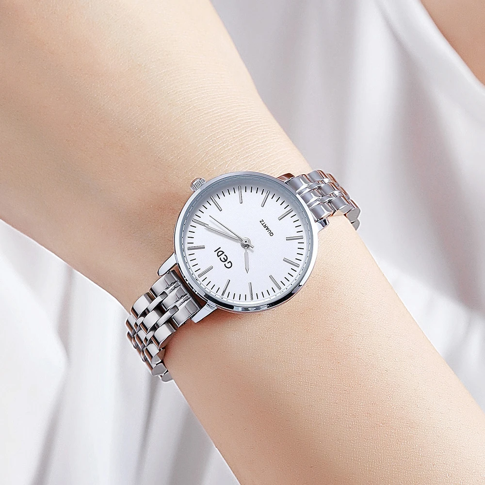 GEDI Fashion Silver Stainless Steel Watch for Women Luxury Brand 30M Waterproof Analog Quartz Elegant Ladies Watch Dropshipping