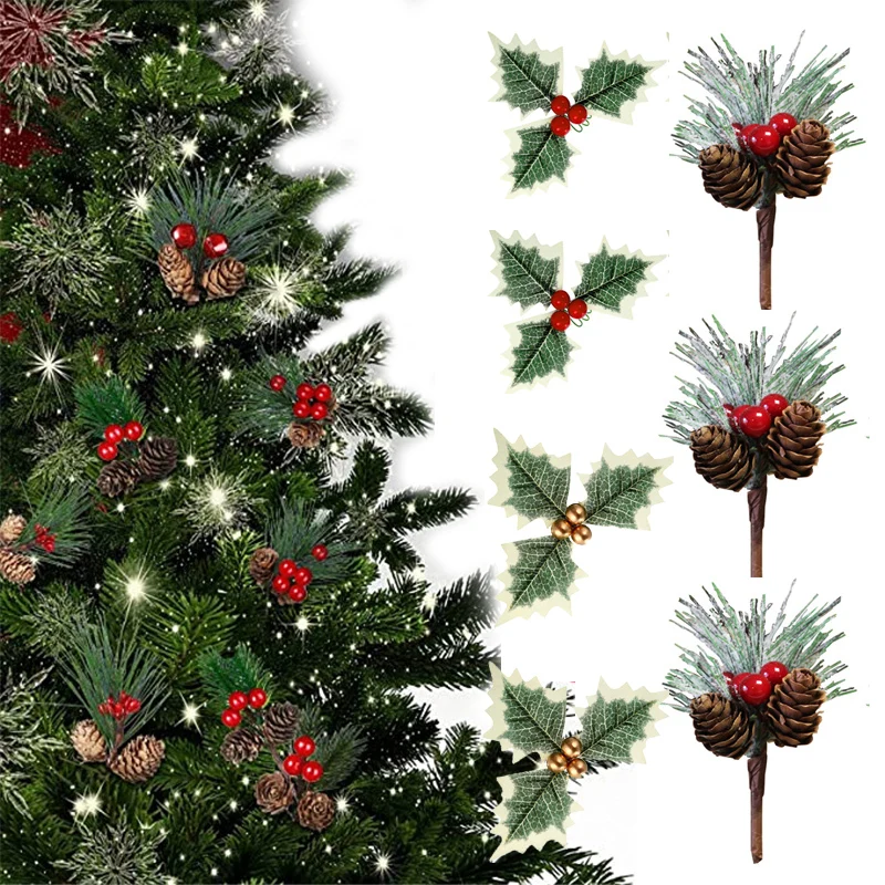 

10PCS Mini Simulation Pine Needles Christmas Pine Berry Bell Pinecone Faux Pine Artificial Flower Holly Branches Xmas Decor