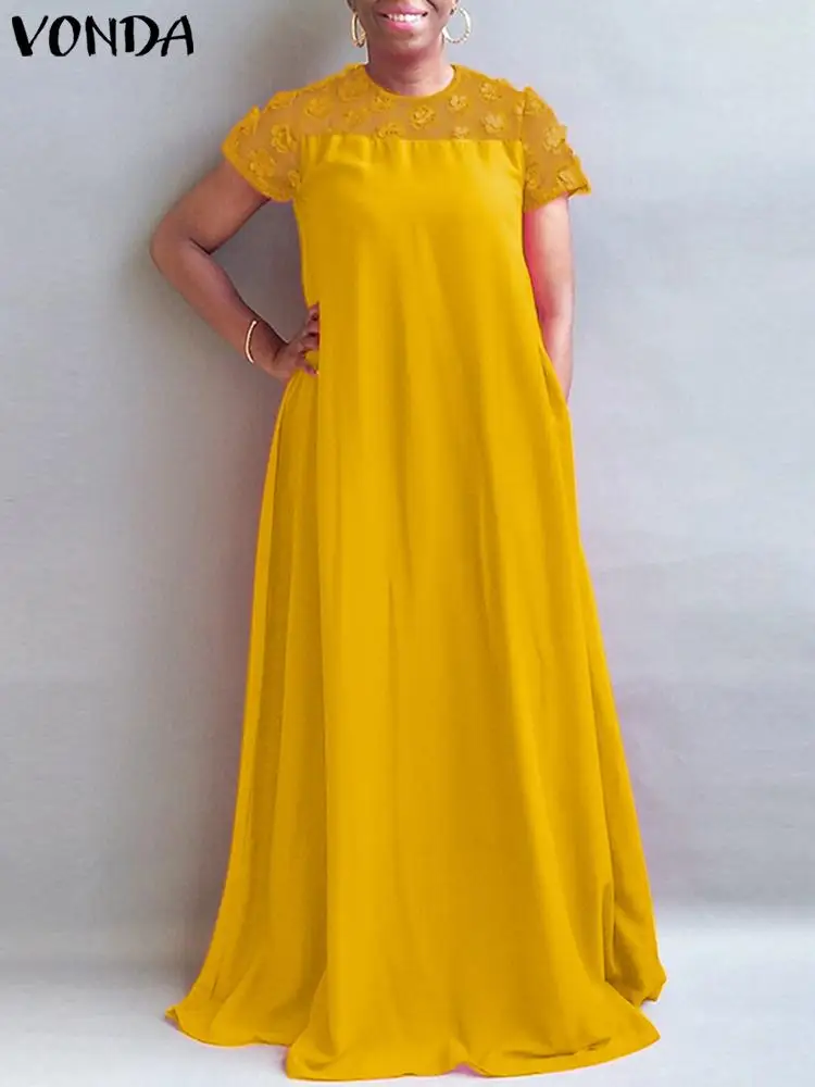 

Holiday Lace Patchwork Dress VONDA 2022 Women Short Sleeve Fashion Pleated Party Maxi Dresses Casual Vestidos Loose Robe Femme