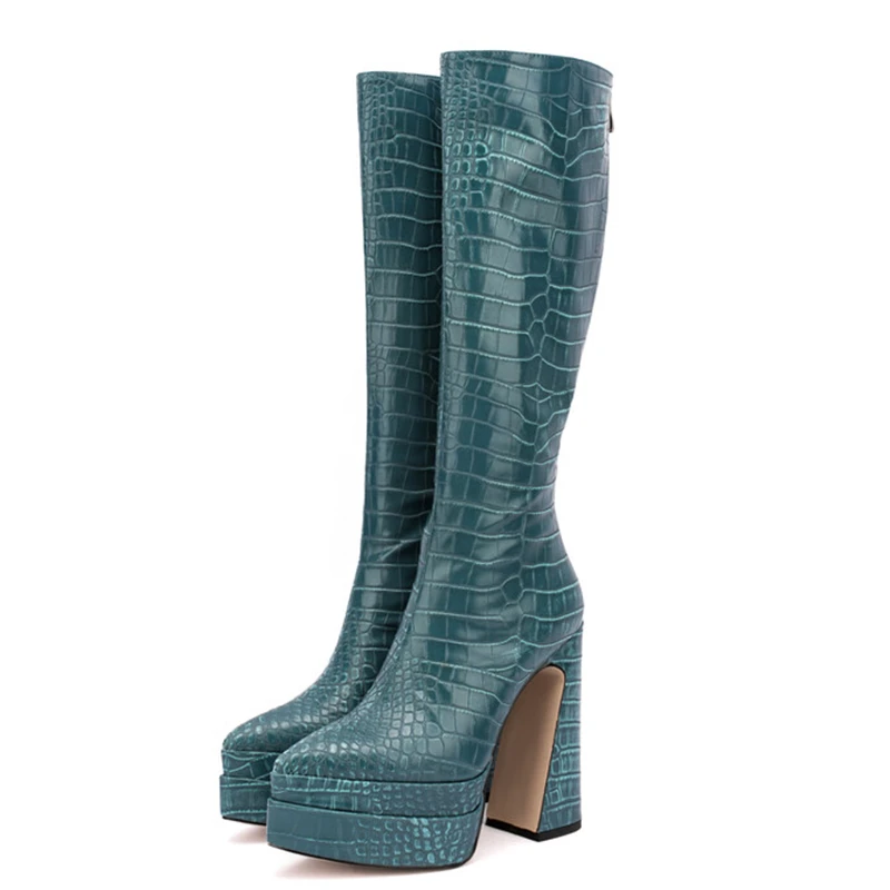 Retro Pointed Toe Fashion Boots Shoes Crocodile Print Thick High Heel Platform Knee High Boots for Women Back Zipper