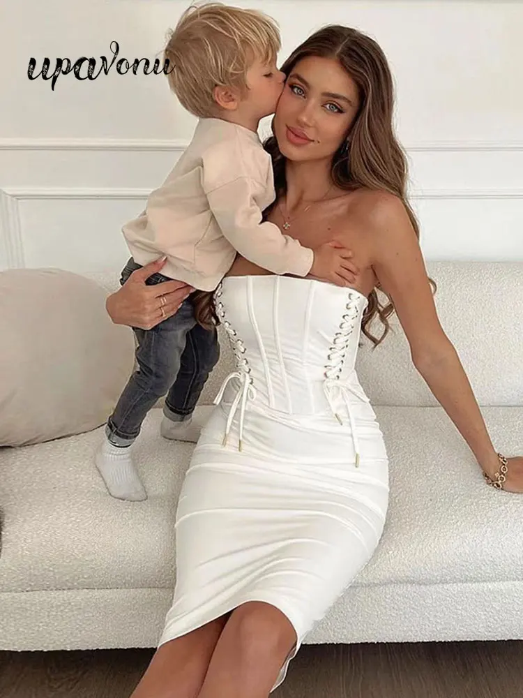 

Women's Summer Bandage Dress 2022 New Wrap Chest Sleeveless Bodycon Sexy Lace Up & Knee Dress Celebrity Gala Club Party Vestidos