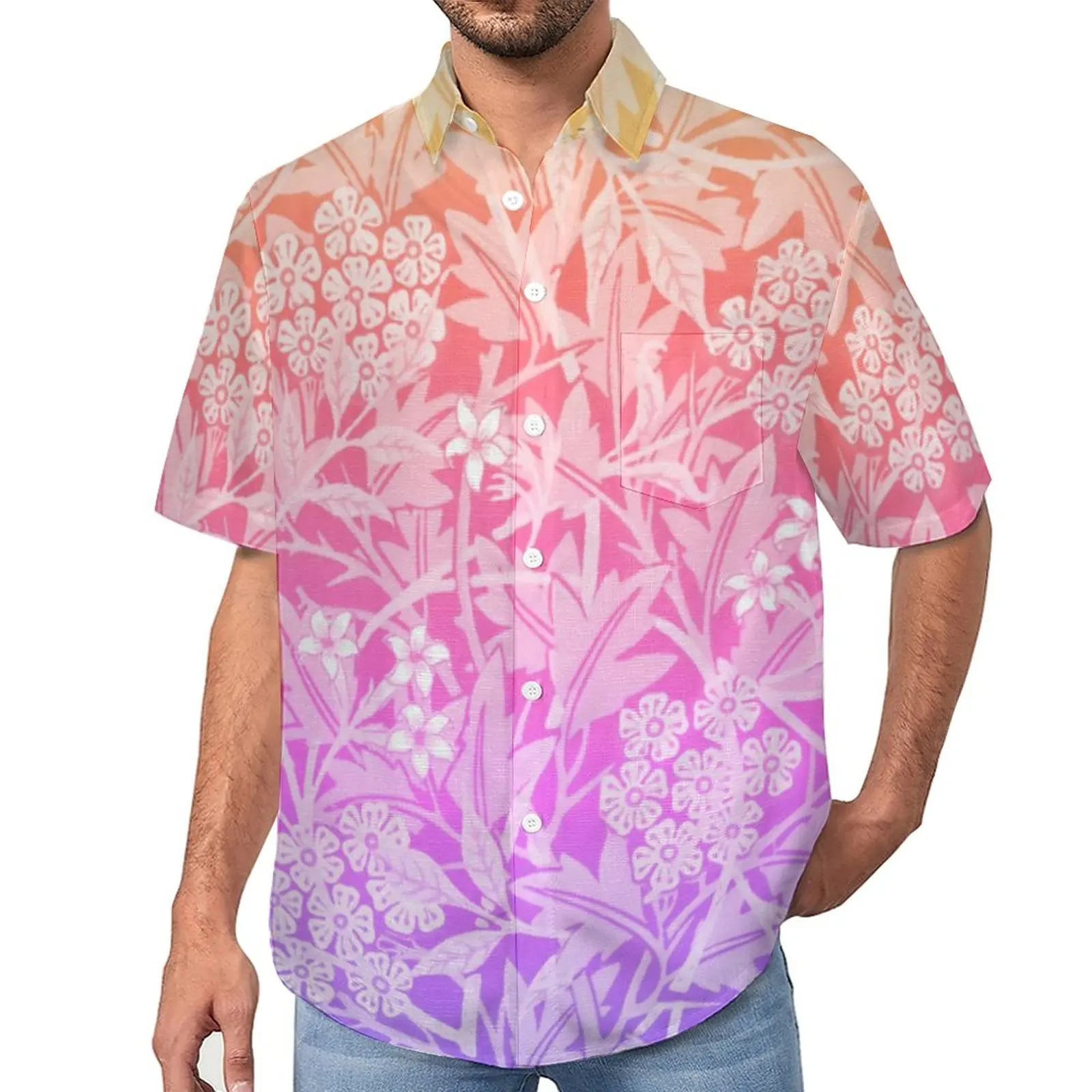 

Rainbow Ombre Casual Shirts Floral Boho Print Vacation Shirt Hawaiian Y2K Blouses Men Printed Big Size