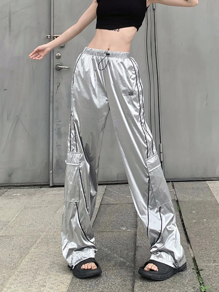 

Silver Y2k Pants Bright Face Movement Wind Summer Streetwear Women Clothes High-waisted Straight Pants Slimming Pantalones Mujer