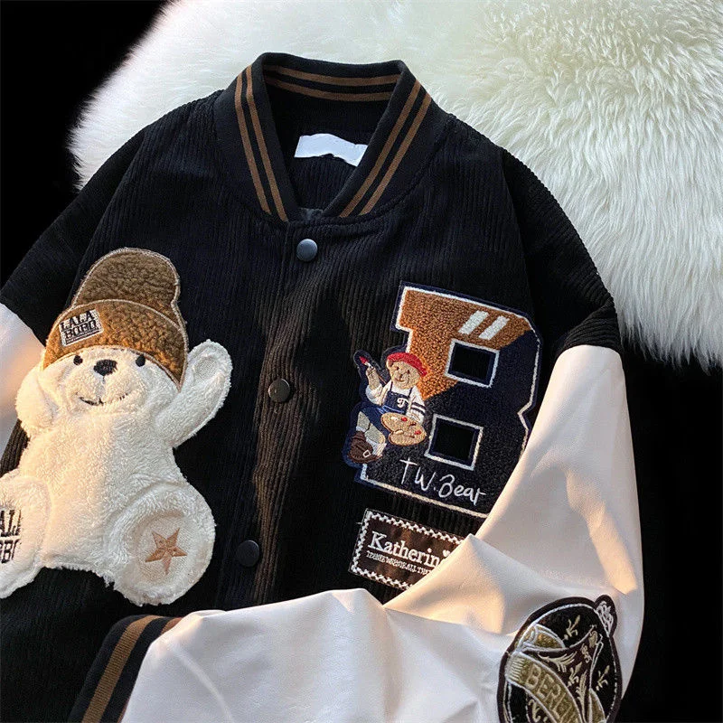 

2023 New Bear Letter Flocking Embroidered Jackets Coats MEN'S Street Retro Corduroy Fabric Baseball Uniform Couple