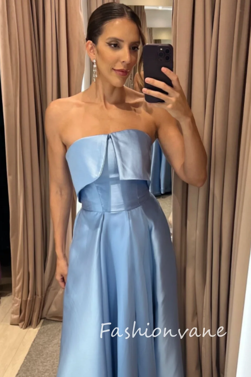 Фото Fashionvane 2024 CustomizedA-Line Strapless Sleeveless Satin Pleated High Side Slit Floor Length Prom Dress Evening Formal Dress №1