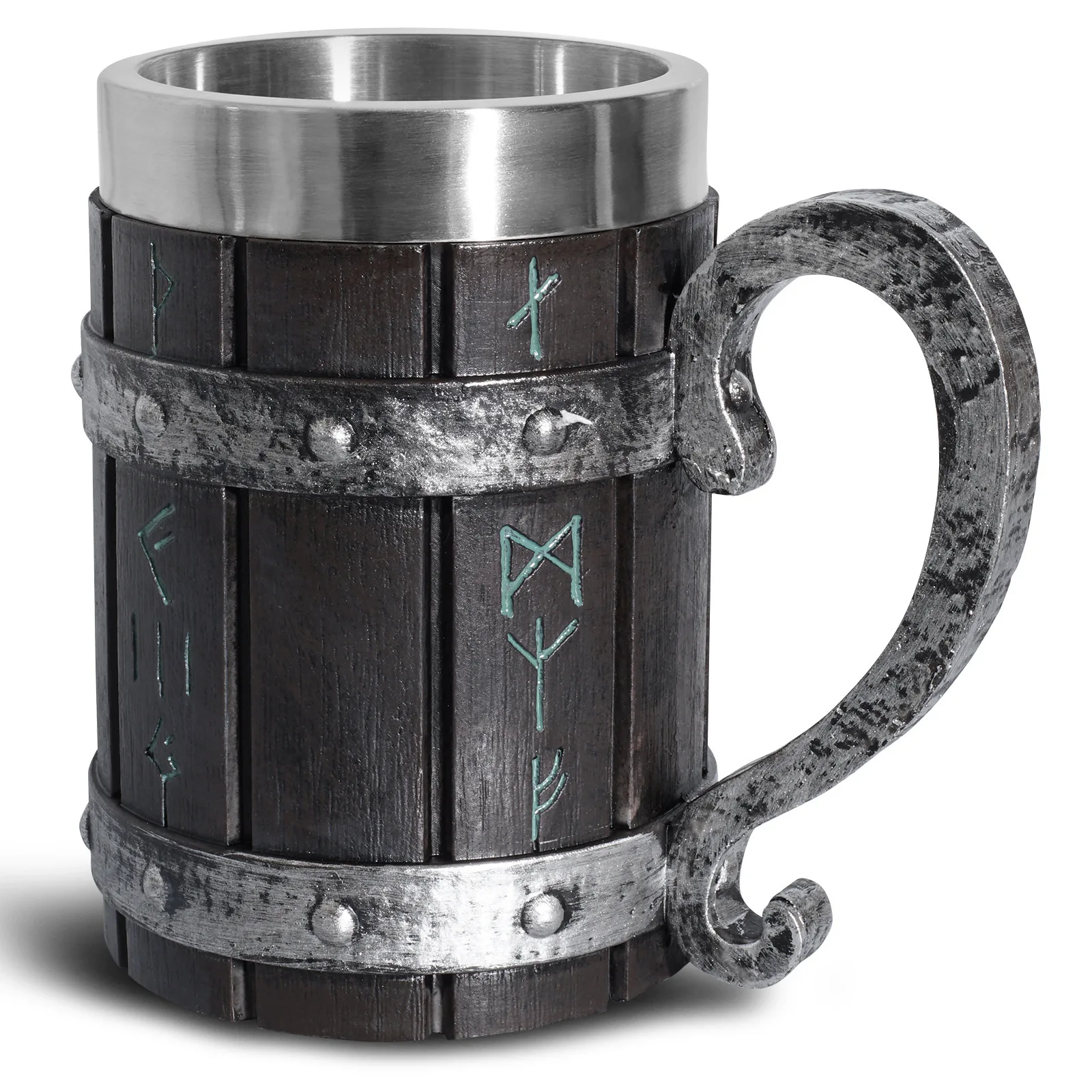 

Medieval Runes Oak Barrel Beer Mug Stein 3D Resin & Stainless Steel Tankard Nordic Symbol Coffee Drink Cup for Men Father's Gift