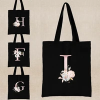 pink flower print shopping bags women tote bag harajuku canvas shoulder bag foldable handbag large capacity shoulder shopper bag