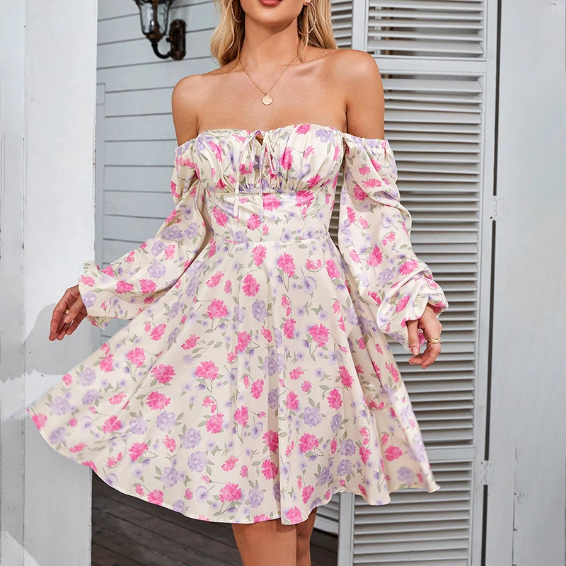 

Мини-платье женское летнее с квадратным вырезом и длинным рукавом-фонариком