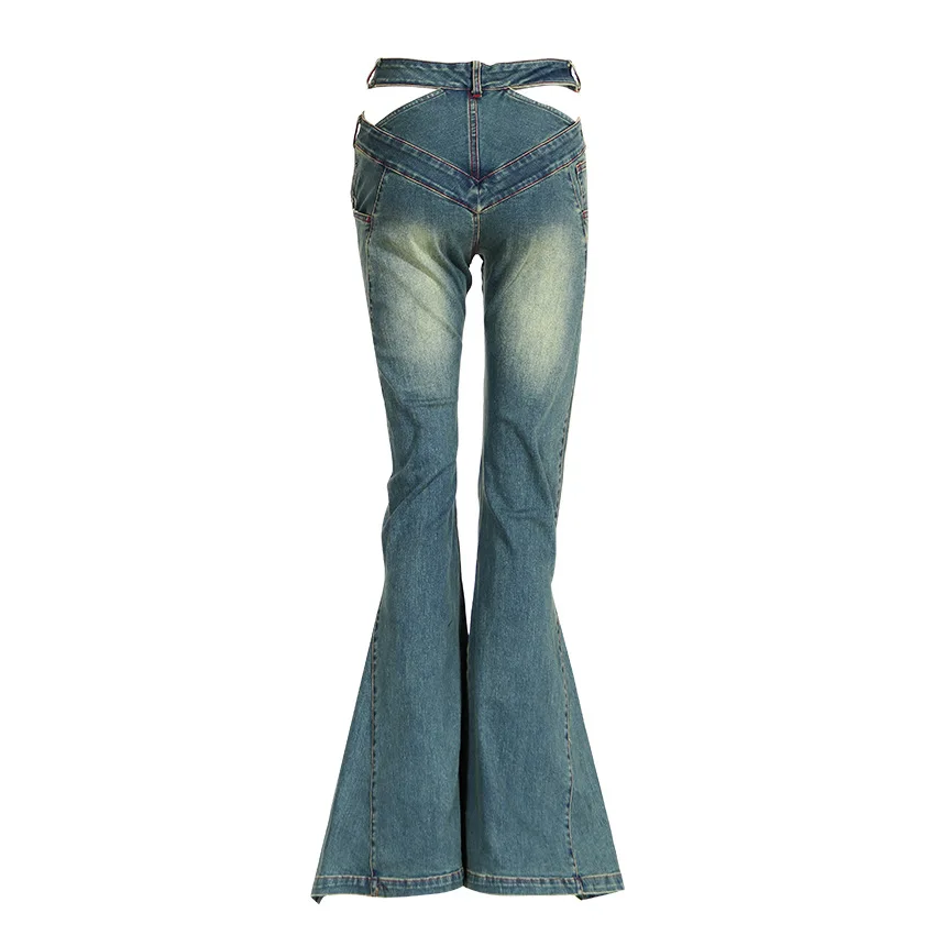 Women's 2023 Summer New Y2K Street Fashion Spicy Girl Personalized Cross Button Hollow Out High Waist Denim Flare Pants