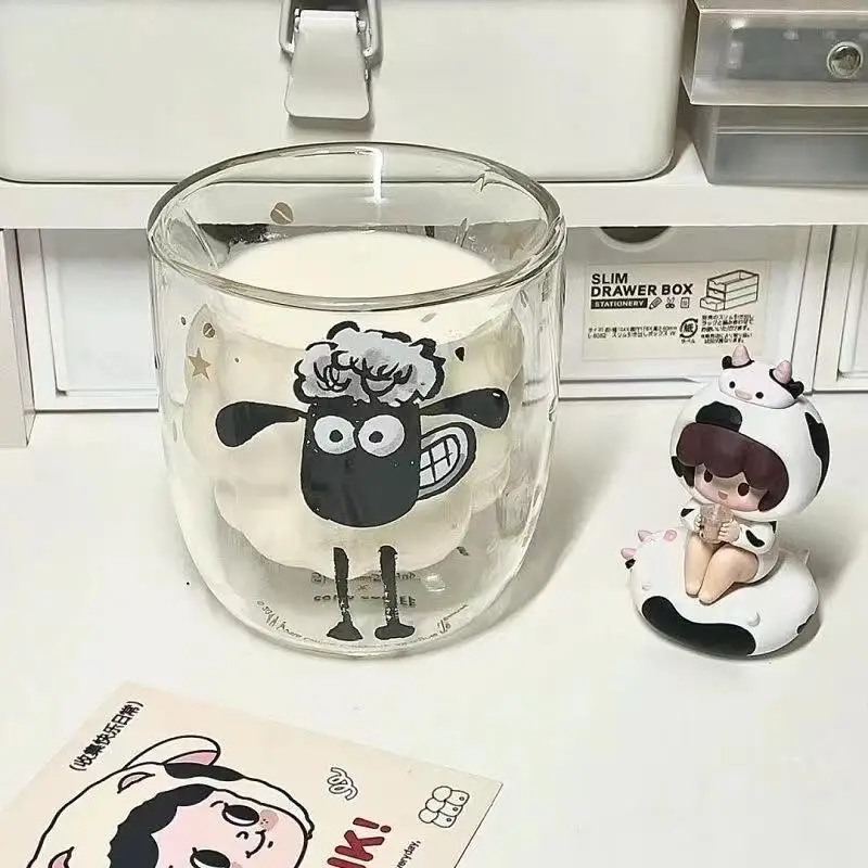 

Cute Cartoon The Sheep Double Glass 300Ml Cold Drink Cup Coffee Mug Cute Milk Juice Cup Best Gift for Festival Cute Glass Cup