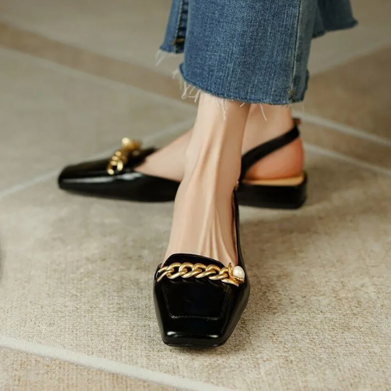 

Women's Sandals Chain Pearl Slip on Flat Shoes for Woman Leather Shoes Square Toe Slingbacks 2023 Summer Sandalias mujer 1126N78