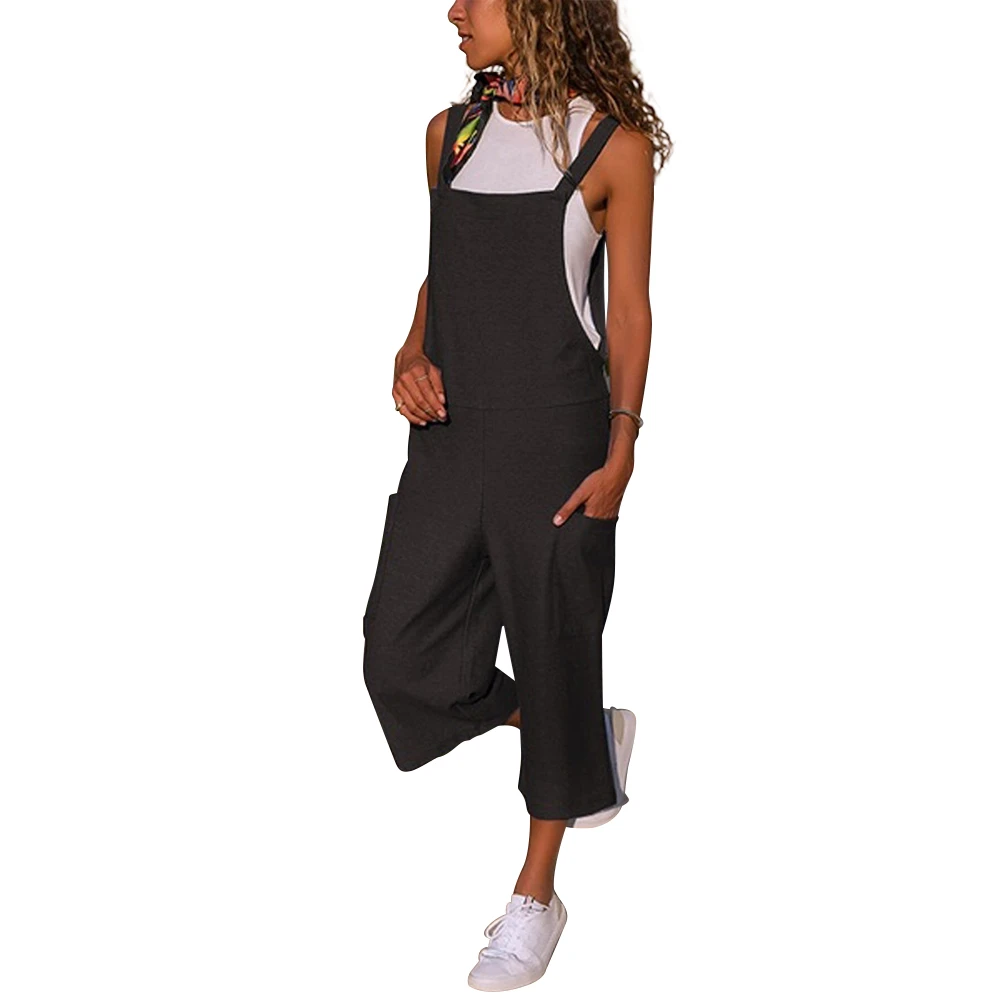 

Linen Coverall Jumpsuit for Women Solid Color Cropped Bibs Pants Loose Baggy Cotton Wide Leg Jumpsuits