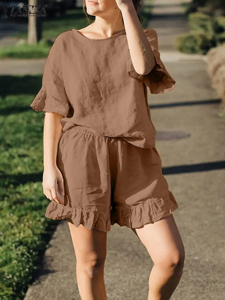 

Комплект ZANZEA женский летний из блузки с расклешенными рукавами и шортов, повседневный Городской Спортивный костюм свободного покроя, однотонный комплект из 2 предметов