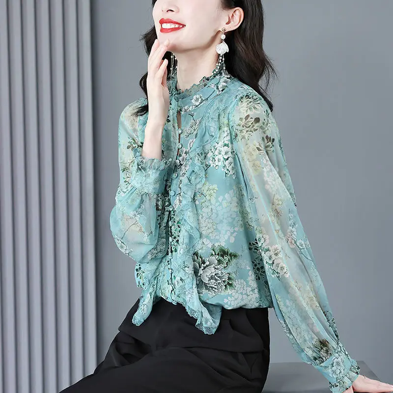 

Chiffon Shirt Women's Spring New Flounce Stand Blouse Top Bottoming Shirts Blusas Mujer M-4XL