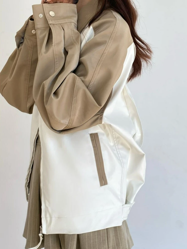 2022 Autumn Korean Leather Jacket Women Winter Patchwork High Street Biker Jacket Female Outerwear Thin Fashion PU Chic Coat New