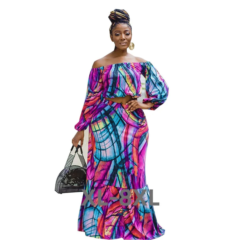 Plus Size Sets Wholesale Two Piece Set Women Skirt Suits Sexy Off Shoulder Print Casual Streetwear 3xl 4xl 5xl 6xl