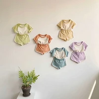 baby girl boy summer clothing 2pcsset short sleeve cotton t shirtcolorblock bloomers shorts toddler kids korean clothes suits