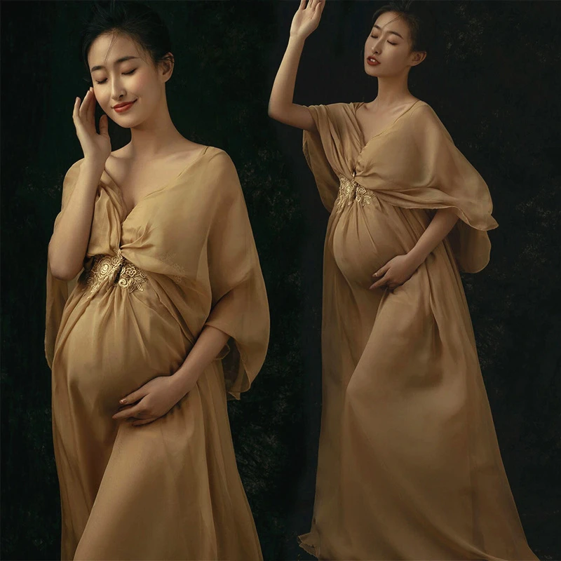 2022 Women Champagne Elegant Skirt Maternity Photography Props V-neck Maternity Dresses For pregnant Photo Shoot Clothing