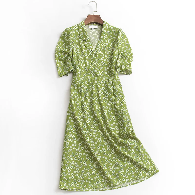 

Summer Turn Down Collar Women Floral Dress Elegant Casual High Waist Slim Short Sleeve A-line Green Long Chiffon Dresses 2022