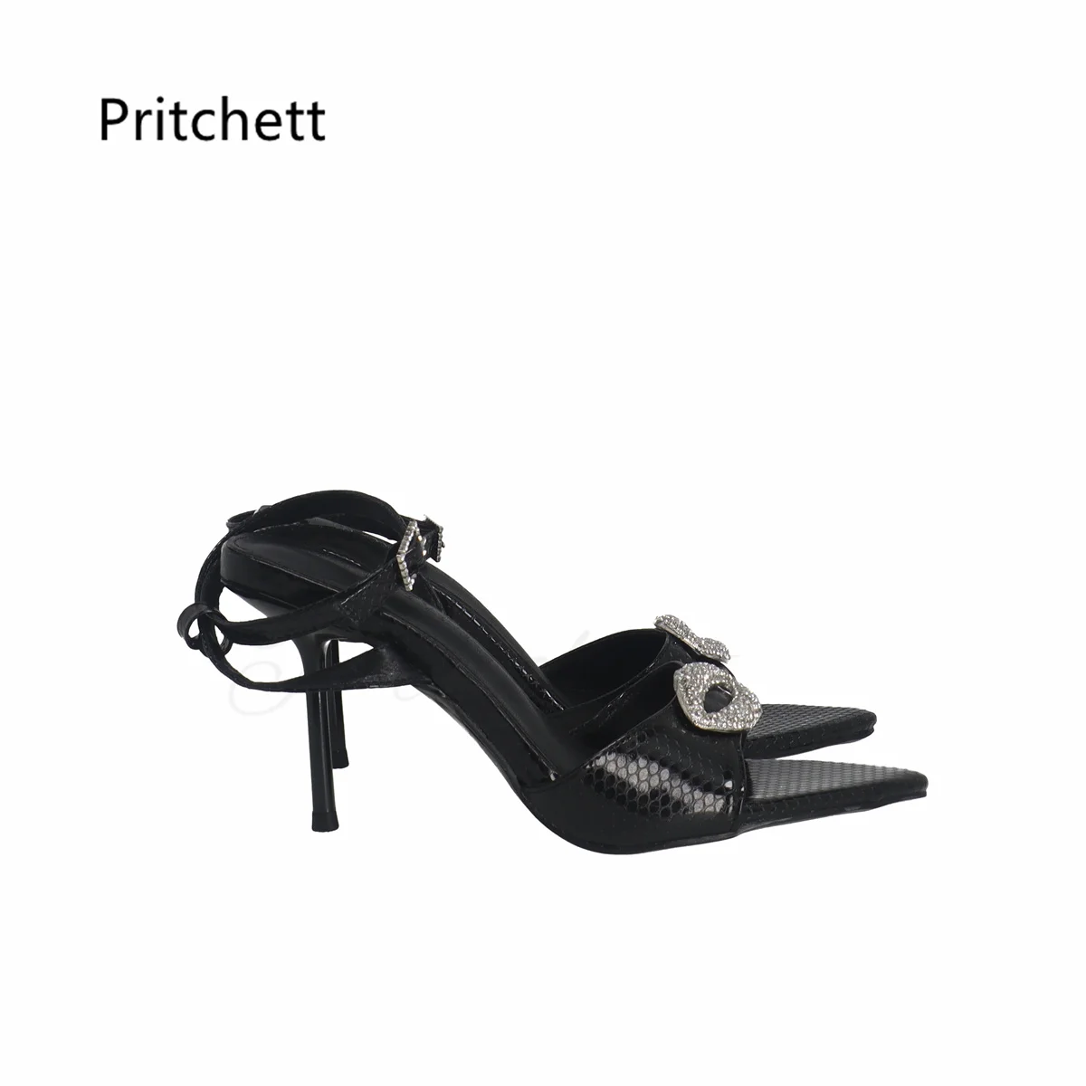 Rhinestone Open Toe Stiletto Sandals for Women Summer High Heels Sexy Black Leather Buckle Strap Pointy Sandals Party Shoes