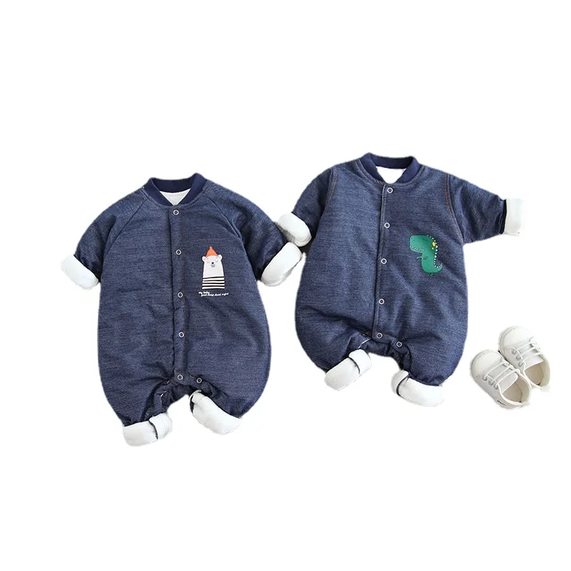 

Newborn baby clothes thin cotton autumn winter warm double layer clothes jeans baby's cotton mixed romper go out clothes