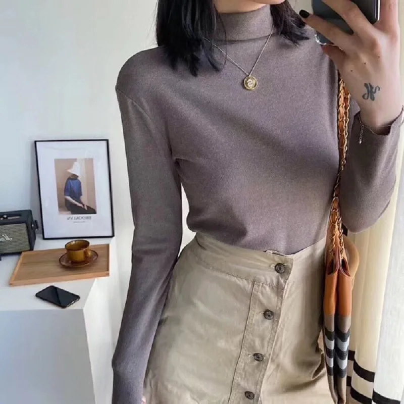 

Women's solid color spring and autumn new T-shirt long-sleeved turtleneck T-shirt gray