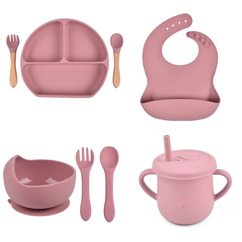 4/8 PCS Silicone Baby Feeding Set Baby Plate with Suction Bowl Cup Bibs Spoon Fork Kids Silicone Plate for Baby Dishes Supplies