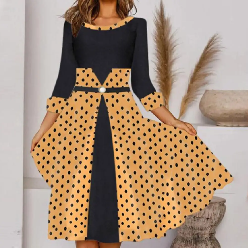 

Women Dress Patchwork Color Matching Soft Dot Print Three-quarter Sleeves Dress-up Knee Length Tight Waist A-line Fall Dress Wom