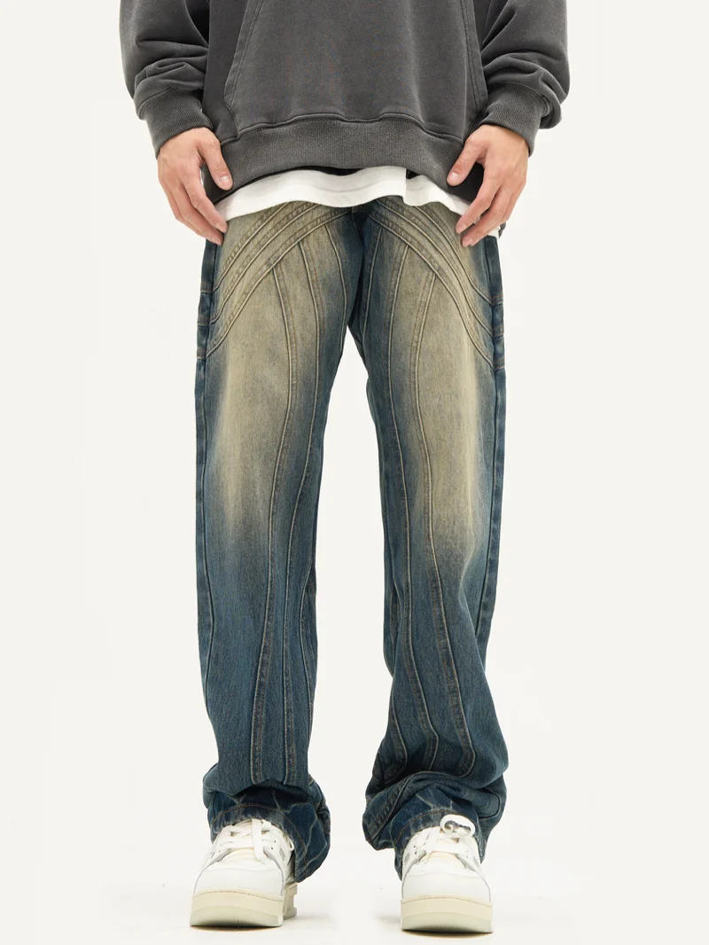 Mens Retro Washed Denim Jeans Loose Straight Pants 2023 New Fashion Streetwear Trousers Hip Hop Casual Zipper Jean Pants Joggers