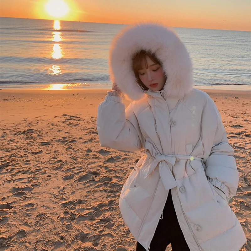 

winter fox fur collar 90% white duck down down jacket fashion casual short short sweet waist hooded jacket women