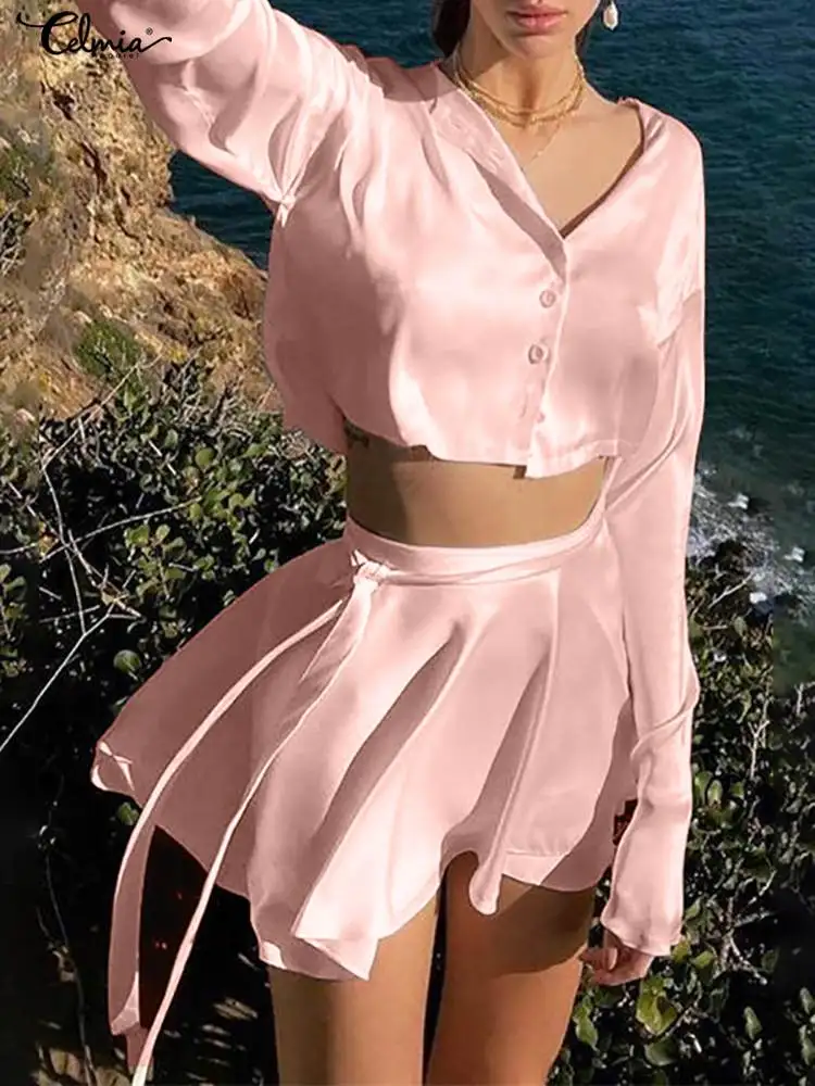

Celmia Casual Solid Bandage Skirt Suit Women 2 PCS Sets Sexy Long Sleeves Short Tops and A Line Mini Skirts Fashion Satin Outfit