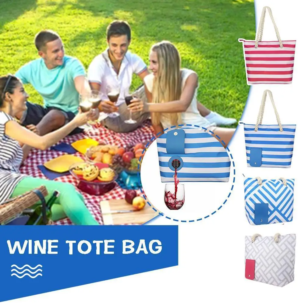 

Portable Wine Tote Bag Striped Pattern Picnic Bag Outdoor Camping Large Hiking Wine Cooler Hidden With Wine Bladder Bag D5P8