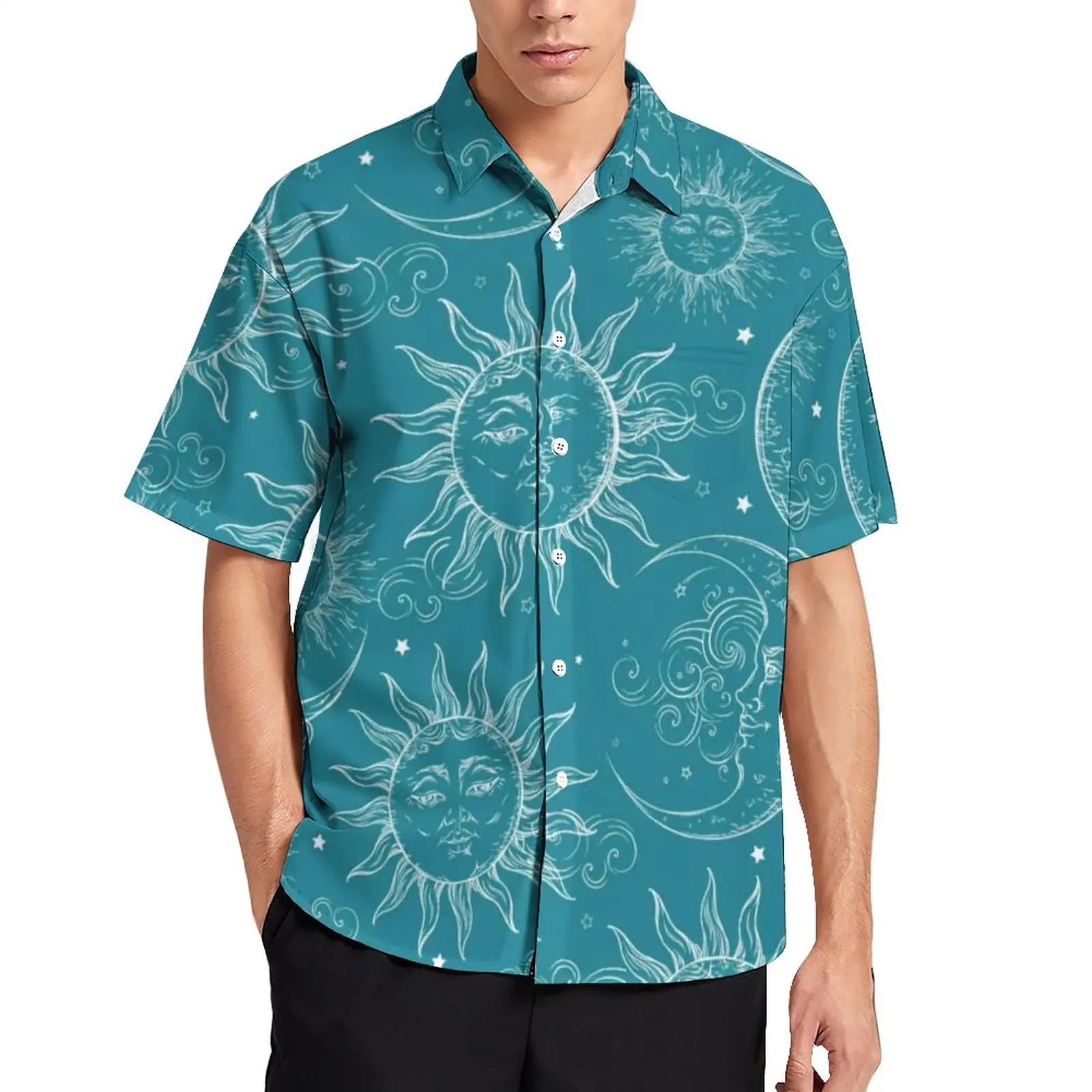 

Vintage Moon Casual Shirt Teal Magic Celestial Sun Beach Loose Shirt Summer Fashion Blouses Short-Sleeve Graphic Oversized Tops
