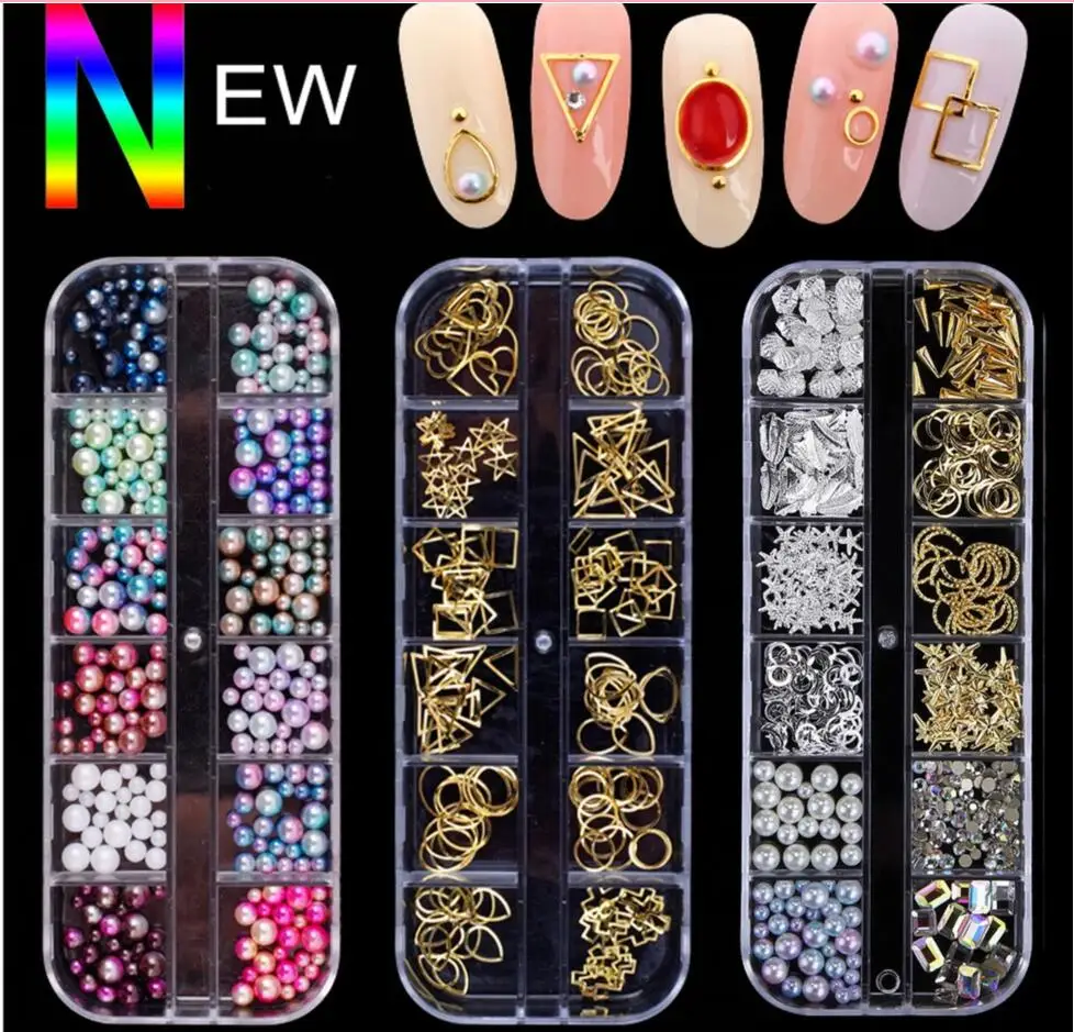 

Gold & silver Nail Studs Gems Sparkle Rhinestones Metal Rivets Charms 12Grids 1 Box 11 Hollow Moon Star Shaped Artificial Pearls