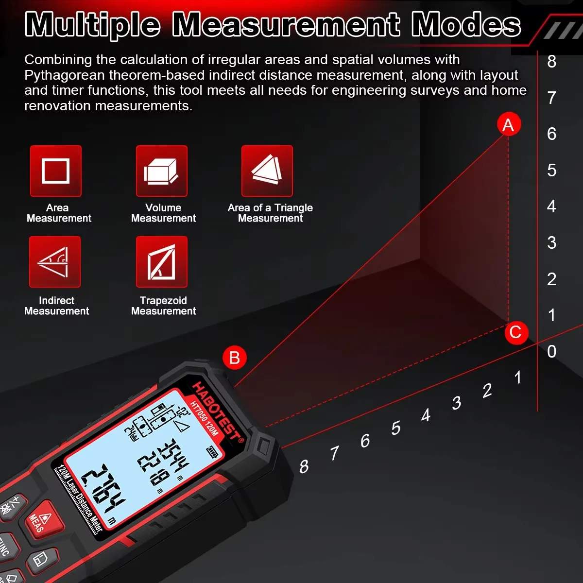 Фото Лазерный дальномер HABOTEST HT7050 50м/80м/120м, цифровой лазерный измеритель расстояния, площади и объема, портативный инструмент для измерения №3