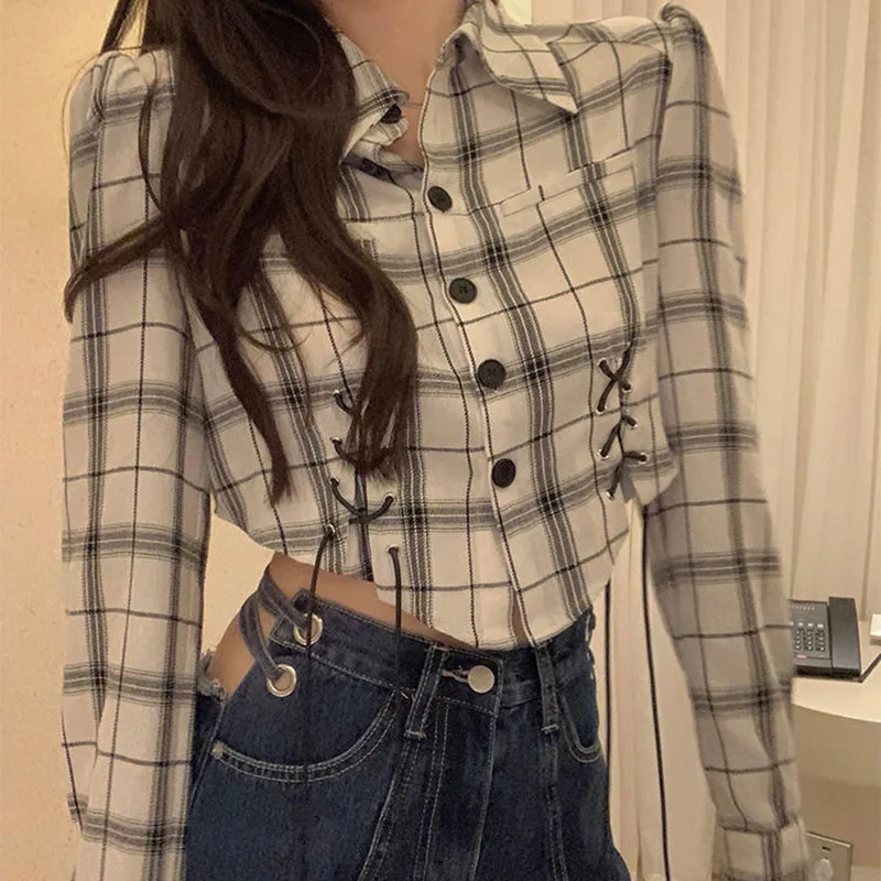 

Vintage Turn Down Plaid Shirts Women New Summer Loose Sexy Hollow Out Thin Section Long Sleeve Fashion Casual All Match Tops