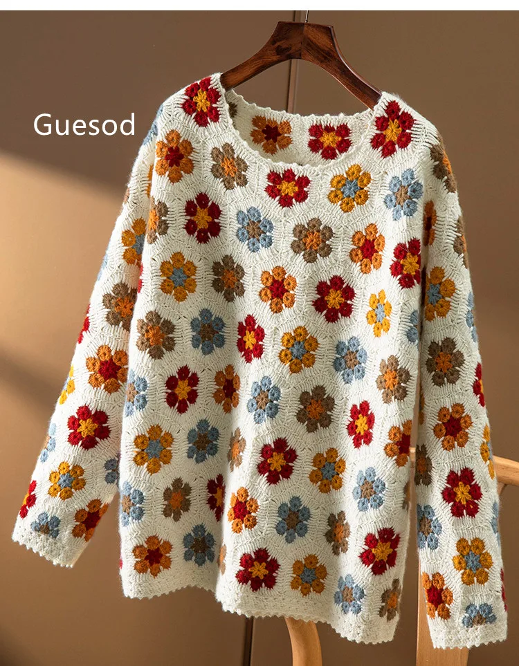 Women Cashmere Sweater 100% Handmade Luxury Contrast Color Crochet Flower O-Neck Cashmere Sweater Female New