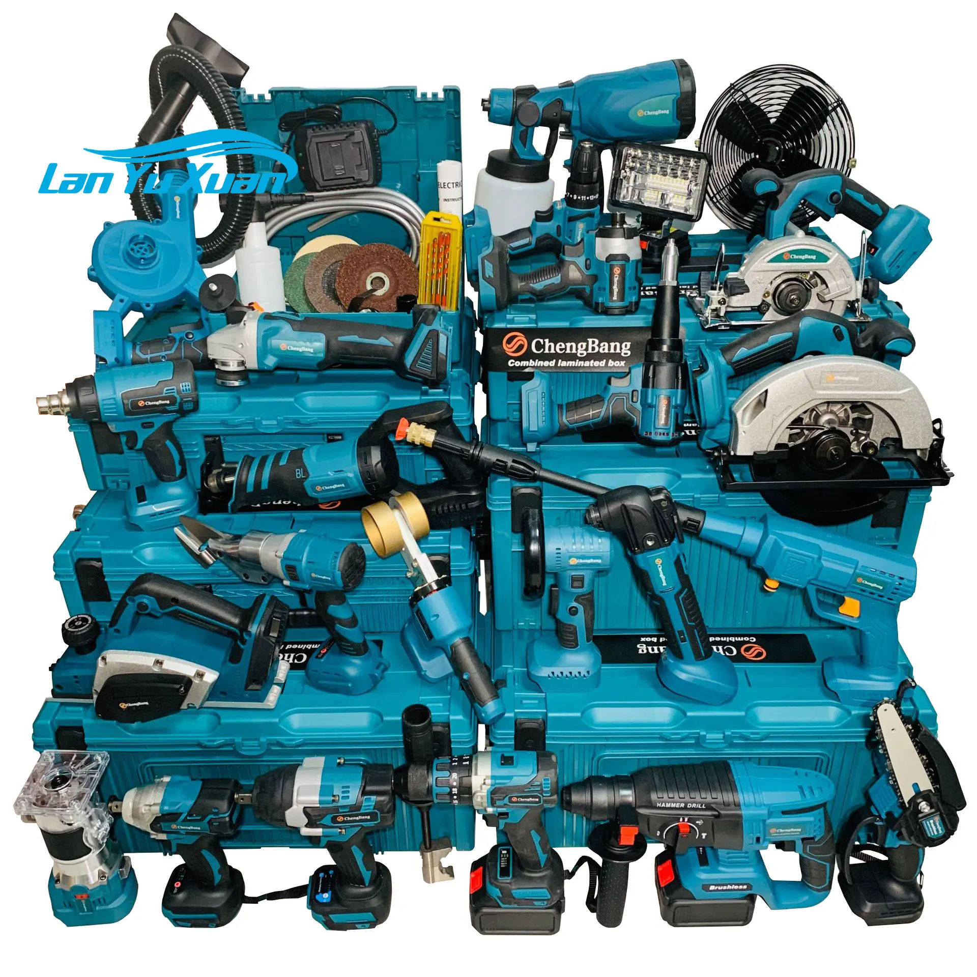 

Set of 24pcs Power Tools Kits Rechargeable Lithium Brushless Electric Angle Grinder Cordless Wrench Toolbox Combination Tool Set