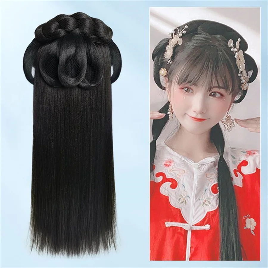 Hanfu парик Полный головной убор в старинном стиле сумка все одном повязка на