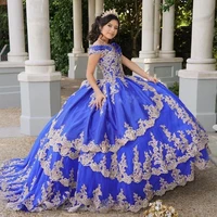 Blue Quinceanera Dresses Ball Gown Puffy Tulle Gold Appliques V Neck Off Shoulder Vestidos De 15 Años Sweet 16 Party Dress v