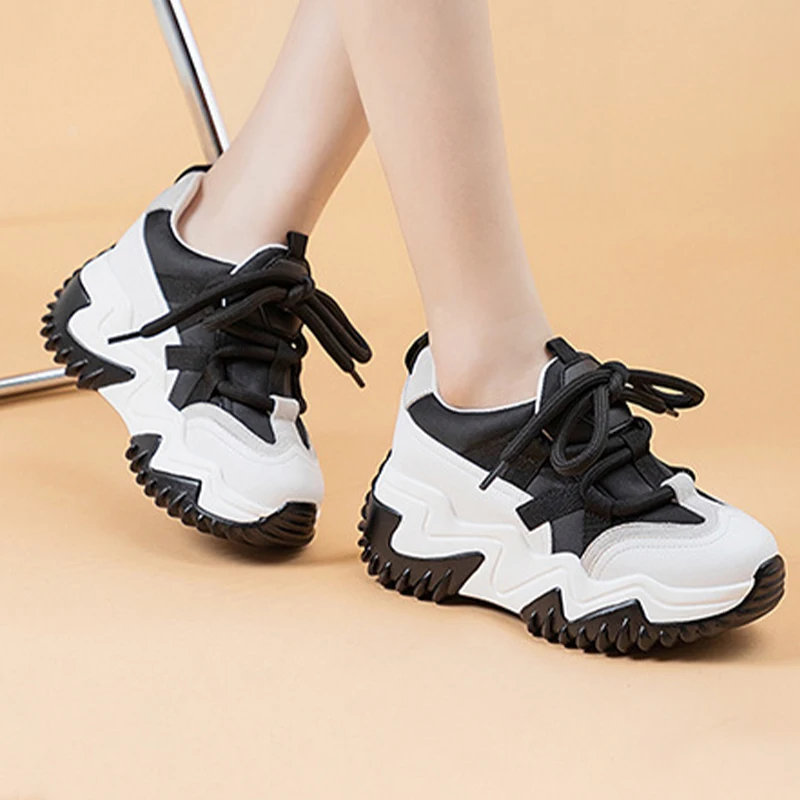 Fashion 7cm Genuine Leather Chunky Sneakers Current 2023 Mesh Female Summer Women Vulcanize Comfy Casual Lace Up Ladies Shoes