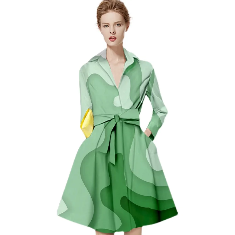 

Весна 2022, новинка, женское модное зеленое платье в западном стиле с длинным рукавом, дизайнерская кружевная юбка