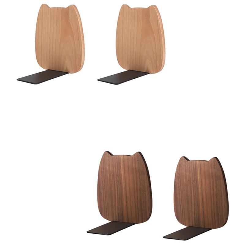 

2Pcs Simple Cat Face Shape Desktop Wooden Book Stand, Non-Skip Wood Bookends For Office/Home/School Use