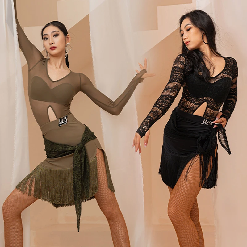 

Latin Dance Competition Dress Women Long Sleeves Leotards Fringe Skirt Samba Rumba Performance Suit Adult Practice Wear BL7915