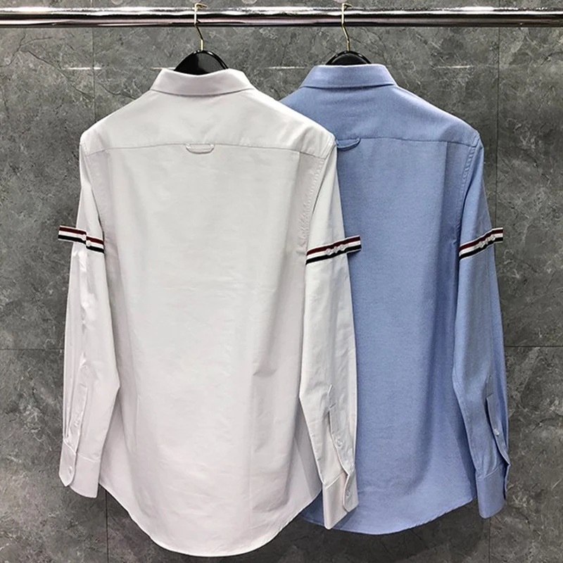 TB THOM Men Shirt Spring Autumn Fashion Brand Men's Tops RWB Ribbon Armband Vertical Stripe Designer Cotton Oxford Casual Shirt