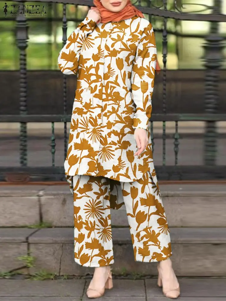 

ZANZEA Lapel Long Sleeve Blouse Wide Leg Pants BohemianWomen Muslim Matching Sets Female Party Vintage Casual Tracksuits Suit